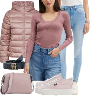 Outfit s Světle modrá Slim Fit Džíny/Navlékací džíny/Push up Džín/Kožená bunda/High Waist Džínové Kalhoty/Kožené Boty/Kotníková Bota Desigual "Nonšalantní look pro volný čas"