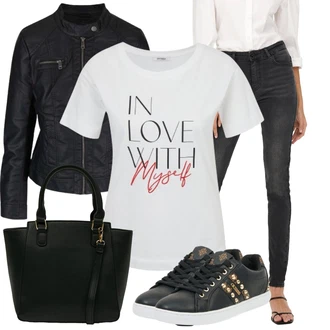 Trendový Outfit s Černá/Zlatý Teniska Tenisky s Bočním Zipem/Teniska teddy/Teniska se Třpytkami/Úzká Teniska/Kožené Tenisky/Nízká Teniska Guess "Nonšalantní look pro volný čas"Look: Ležérní, Šik, Lak, Lev, Metal, Sportovní, Streetwear, Trendový, Unisex