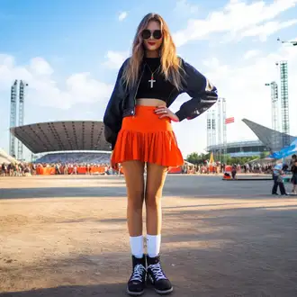 Kratka outfit mit Črna/Temno zelena/Bela Motoristična jakna/Motoristična jakna/Usnjena Jakna/Jakna iz Umetnega Usnja/Vintage Usnjena Jakna IRO "Oranžna krila festival videz"
