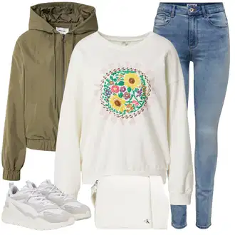 Outfit sa Krem/Šareno/Bijela Dukserica s kapuljačom/Kožna jakna/Sportska majica/Majica od flisa river island "Zimski outfit"