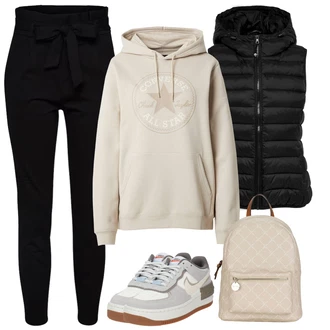 Outfit sa Crna Hlača sa Stremenom/Hlače Visokog Struka/Paperbag Hlača/Pletena Tajica VERO MODA "Odjevna kombinacija za proljeće"