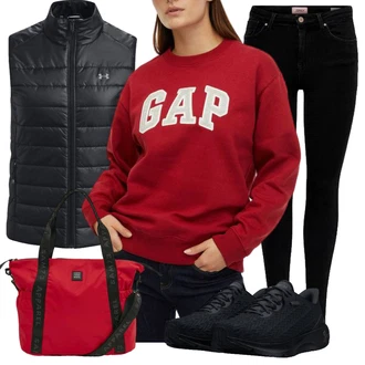 Outfit sa Crna/Tamnoplava/Crvena Under Armour, Crna/Plava Udobna Cipela/cipela za zdravlje/Rupičasta tenisica/Ljetna tenisica/Tenisica Za Hodanje/Niska Tenisica Under Armour "Outfiti za slobodno vrijeme"