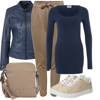 Outfit s Modrá/Tmavě Modrá Kožené Bund Bunda z Umělé Kůže/Kožené Bund/Motorkářské Bund/Motorkářská bunda/Kožená vintage bunda/Bunda s Bočním Zipem/Kožená Bomber Bund Maze "Volnočasový outfit na jaro"