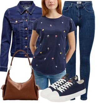 Outfit s Modrá/Světle modrá/Tmavě modrá Bota Kožené tenisky/Teniska na platformě/Úzká teniska/Nízká Teniska/Plátěná teniska/Letní tenisky Guess "Outfity na každý den"