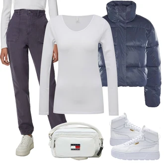 Streetwear Outfit s Bílá/Světle modrá/Béžová Teniska na platformě/Zimní Tenisky Puma "Outfity na zimu"Look: 90tá léta, Estetika, Ležérní, Klasické, Sportovní, Streetwear