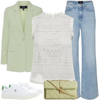 Outfit s Krémová/Zelená/Bílá Teniska Letní Tenisky/Nízká Teniska/Teniska s dírkovaným vzorem/Kožené Tenisky/Úzká Teniska Tommy Hilfiger "Outfity na zimu"