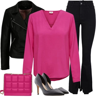 Outfit s Černá/Tmavě modrá/Bílá/Hnědá Pánské tričko/Džíny s Rozparkem/High Waist Džínové Kalhoty/Zvonové Džíny Pieces "Outfity na zimu"