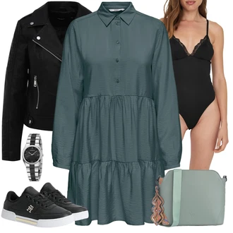 Áčkového Střihu Outfit s Tyrkysový/Zelená Košilové šaty/Šaty S Kosticí/Halenkové Šaty/Bavlněné Šaty Only "Outfity na zimu"Look: Áčkového Střihu