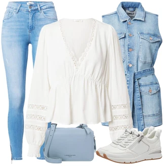 Denim outfits mit Svetlo modra/Modra Push up Kavbojke/Usnjena Jakna/Usnjene Čevlje/Kavbojke na Poteg/Gležnarji/Kavbojke Visokega Pasu/Ženske 7/8 Kavbojke/Kavbojke z Razporkom Only "Pomladanski Outfit"