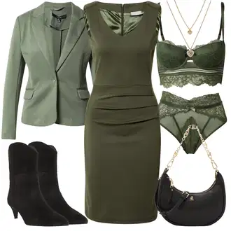 Outfit sa Tamnozelena Jesenska Haljina/Uska Haljina/Pamučna haljina/Haljina na špagete/Haljina za ured/Jednobojna/Haljina Bez Rukava/Haljina Ravnog Kroja Kaffe "Outfit za ured"