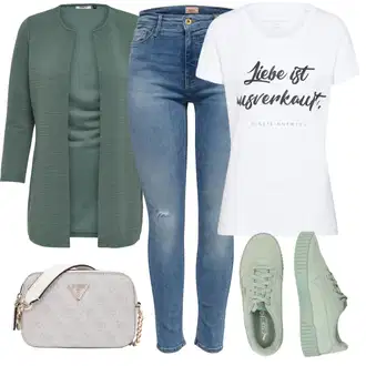 Outfit s Tyrkysový/Zelená/Khaki Pletenina veľkej veľkosti/Tunika/Kabát/Kalhoty Veľké Veľkosti Only "Stylový vzhled do kanceláře"