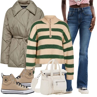 Outfit s Modrá/Černá/Béžová Pánské tričko/Džíny s Nízkým Sedem/Zvonové Džíny Desigual "Perfektní na zimu"