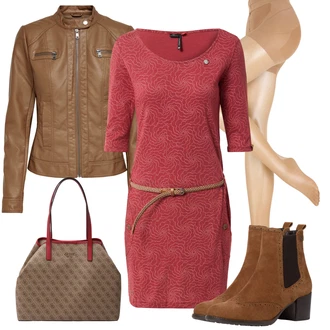 Outfit s Tmavě hnědá/Hnědá/Vínová Chelsea Boty/Kožená bunda/Letní kotníková kozačka/Kotníková Bota s Podšívkou/Vintage Kotníková Bota Tamaris "Perfektní na zimu"
