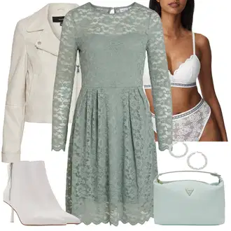 Outfit s Tyrkysový/Zelená/Světle zelená Šaty Niki/Šaty pro Svatebního Hosta délka ke kolenům/Háčkované Šaty/Krajkové Šaty/Šaty s dlouhým rukávem/Šaty Fit & Flare/Šaty Do Áčka Vila "Perfektní na zimu"