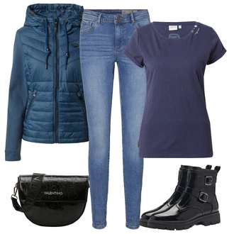 cool Motor Outfit sa Crna/Tamnoplava Kožna Jakna/Zimska gležnjača/Motociklistička čizma/motociklistička čizma/Chelsea Gležnjača/Ravna Gležnjača/Gumena Gležnjača/Podstavljena Gležnjača Tamaris "Zimski outfiti"Look: cool, Metal, Techno, Unisex, Vanjski, S zakovicama, Motor, Jahanje