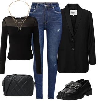 Denim outfits mit Temno modra/Modra Kavbojke z Razporkom/Usnjena Jakna/Usnjene Čevlje/Zimska jakna/Kavbojke na Poteg/Push up Kavbojke/Kavbojke Visokega Pasu/Kavbojke z Luknjo/Usnjene jakne/Ženske 7/8 Kavbojke/Gležnarji Only "Poslovna oblačila"