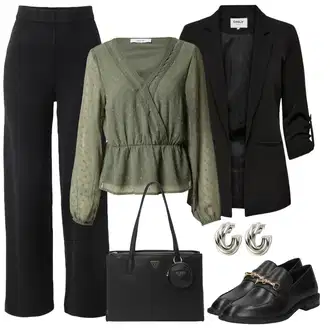 za srednje godine Outfit sa Tamnozelena/Svjetlozelena/Zeleno Bluza I Tunika/Bluza i Tunika About You "Outfit za proljeće"Look: Rap, Stil, Lagano, Vanjski, Sveučilišna, za srednje godine, Irski, Romantičan