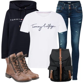 Nadrozměrné Outfit s Tmavě modrá Originální mikina/Svetr S Kapucí/Oversize mikina/Mikina/Unisex Mikina S Kapucí/Vintage mikina/Dámský Svetr/Svetr s kapucí/Sportovní mikina Tommy Hilfiger "Stylový vzhled do kanceláře"Look: Mom, Nadrozměrné, Sportovní, Unisex, Univerzitní, Vintage, Hip Hop