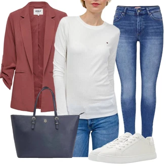 Outfit sa Bijela/Krem Majica dugih rukava/Duga košulja/Muške tenisice za trčanje/Funkcionalna majica/Dugi top/Obični top/Majica s 3/4 rukavima/Otmjena majica/Košulja top Tommy Hilfiger "Savršen za posao"