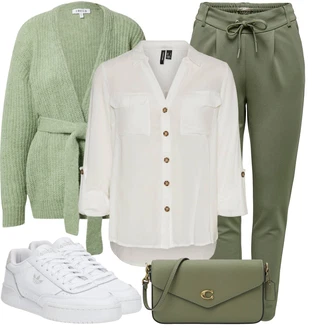 Zapínání na knoflíky Outfit s Šedá/Khaki/Bílá/Hnědá/Béžová/Světle zelená Tunikové Tričko/Halenka S 3/4 Rukávem/Blůza s nášivkou na lokti/Oversize Muselínová Blůza/Kožená bunda/Blůza s knoflíčkem Vero Moda Tall "Lehký outfit"
