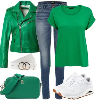 Outfit s Zelená/Tmavě Zelená/Neonové barvy/Tyrkysový Motorkářská bunda/Motorkářské Bund/Kožené Bund/Kožená vintage bunda Oakwood "Stylový vzhled"