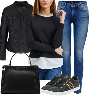 Trendový Outfit s Černá/Zlatý Teniska Tenisky s Bočním Zipem/Teniska teddy/Teniska se Třpytkami/Úzká Teniska/Kožené Tenisky/Nízká Teniska Guess "Skvělý vzhled pro volný čas"Look: Ležérní, Šik, Lak, Lev, Metal, Sportovní, Streetwear, Trendový, Unisex