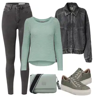 Običan Outfit sa Crna Samtaste Tajice/Jeggings/Pletena Tajica/Tajice s Prorezom/Podstavljena Tajica/Neprozirna Tajica/Kožna Jakna/Tople Tajice Noisy may "Odjevna kombinacija za proljeće"Look: Stil, Rap, Običan, Vanjski, cool