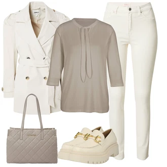 Denim outfits mit Krem/Bela/Khaki/Bež Usnjena Jakna/Ozke Kavbojke/Push up Kavbojke/Ženske 7/8 Kavbojke/Zimska jakna/Kavbojke z Razporkom/Kavbojke Visokega Pasu/Termodžinsi/Gležnarji/Usnjene Čevlje/Capri Kavbojke/Odrezane Kavbojke Only "Sodobni Pomladni putfit"