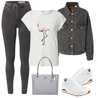 Običan Outfit sa Crna Samtaste Tajice/Jeggings/Pletena Tajica/Tajice s Prorezom/Podstavljena Tajica/Neprozirna Tajica/Kožna Jakna/Tople Tajice Noisy may "Odjevna kombinacija za proljeće"Look: Stil, Rap, Običan, Vanjski, cool