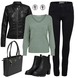 Outfit sa Crna Kožna Jakna/Podstavljena Gležnjača/Gumena Gležnjača/Chelsea Gležnjača/Kožna gležnjača Only "Zimski outfiti"