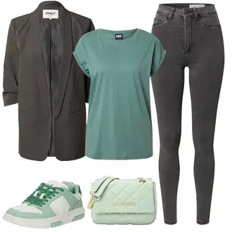 Običan Outfit sa Crna Samtaste Tajice/Jeggings/Pletena Tajica/Tajice s Prorezom/Podstavljena Tajica/Neprozirna Tajica/Kožna Jakna/Tople Tajice Noisy may "Odjevni komplet za proljeće"Look: Stil, Rap, Običan, Vanjski, cool