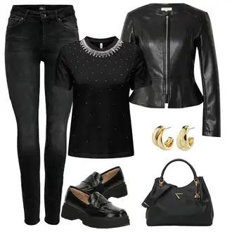 Outfits for chubby Disko mit Črna/Temno siva/Siva Usnjena Jakna/Motoristične Kavbojke/Kavbojke Visokega Pasu/Kavbojke z Razporkom/Push up Kavbojke/Ozke Kavbojke/Usnjene Čevlje/Termodžinsi/Zimska jakna Only "Sodobni Pomladni"Look: Stil, Brez šivov, Kul, Stari denar, Preproste, Disko