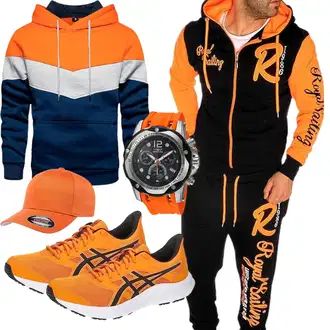Outfit mit Rot/Orange/Mischfarben/Dunkelblau Gestreifter Pullover/Kapuzenpullover/Sport Sweatshirt/Hoodie/Strick Hoodie/Ausgefallener Hoodie/Sport Hoodie/Vintage Hoodie JUZILO "Sport Outfit"