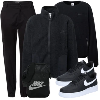 Outfit mit Dunkelblau/Schwarz Women's Fleece Sweatshirts/Lederjacke/Sport Sweatshirt/Unkategorisiert Nike Sportswear "Sportlich Outfit"