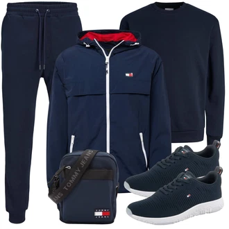 Outfit mit Dunkelblau Sweatmode/Sport Sweatshirt/Women's Fleece Sweatshirts/Pullover mit Stehkragen/Damen Pullover/Lederjacke Jack & Jones "Sportlich Outfit"