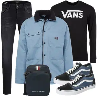 Outfit mit Schwarz/Creme/Dunkelblau Langarm-Shirt/Longshirt/Partytop/Langes Oberteil Vans "Sportlich Outfit"