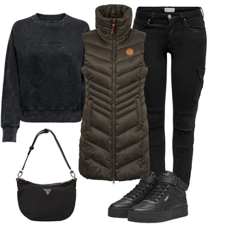 Outfity na zimu Streetwear s Černá Puma "Sportovní zimní outfit"Look: Streetwear, Techno, Unisex, Estetika, Trendový