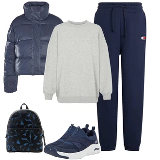 Outfit s Tmavě modrá/Světle modrá Nazouvací Teniska/Pohodlná Bota/Teniska se zapínáním na suchý zip/Zdravotní bota/Letní Tenisky/Bota Na Pěší Turistiku/Bota Bez Tkaničky Skechers "Sportovní zimní outfit"