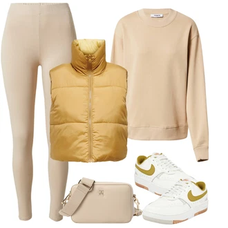 Outfit s Krémová/Žlutá/Bílá/Béžová Teniska Kožené Tenisky/Vintage Teniska/Nízká Teniska/Úzká Teniska Nike Sportswear "Sportovní zimní outfit"