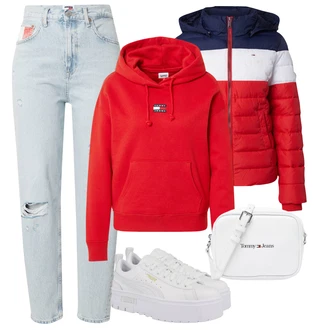 Outfit s Světle modrá/Modrá High Waist Džínové Kalhoty/Girlfriend Džíny/Vintage džíny/Kožené bundy/Mom Jean/Boyfriend Džínové kalhoty/Dad Džíny/Džíny s Dírou/Patchworkové Džíny/Zkrácené Džíny Tommy Jeans "Sportovní zimní outfit"