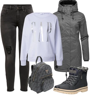 Outfit s Černá/Tmavě zelená/Šedá/Světle šedá/Tmavě šedá/Khaki Kožená bunda/Džíny s Rozparkem/Motorkářské Džíny/Kožené bundy/Džíny s Dírou Only "Sportovní zimní outfit"