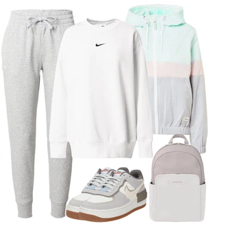 Tenis Outfit s Bílá/Krémová/Šedá Sportovní Mikina/Kožená bunda/Fleecová Mikina Nike Sportswear "Sportovní zimní outfit"Look: Volný čas, Atletika, Fotbal, Tenis