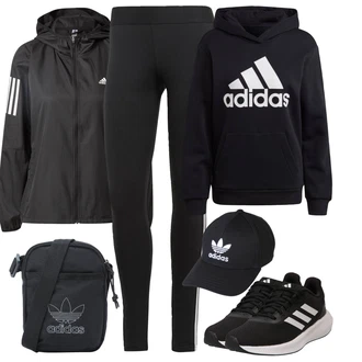 Outfity pro golf Normální s Černá/Tmavě šedá Sportovní Legína/Legíny do Posilovny/Běžecká Kalhoty/Legíny s Vysokým Pasem/Sportovní kalhoty/Tregíny/Legíny s Podšívkou/Tréninková Kalhoty adidas sportswear, Černá/Tmavě modrá Sportovní mikina/Unisex Mikina S Kapucí/Svetr s kapucí/Dámský Svetr/Svetr S Kapucí/Originální mikina/Sportovní mikina/Vintage mikina/Partnerská Mikina adidas sportswear "Sportovní zimní outfit"