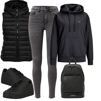 Outfit s Černá/Tmavě modrá/Tmavě šedá Mikina s kapucí Svetr S Kapucí/Unisex Mikina s kapucí/Partnerská Mikina/Originální mikina/Sportovní mikina/Oversize mikina/Pletená Mikina s kapucí/Sportovní mikina/Vintage mikina jjxx "Sportovní zimní outfit"