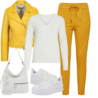 3/4 Rukáv Outfit s Žlutá Kožené Bund/Bunda s Bočním Zipem/Kožená vintage bunda/Jarní bunda/Letní Bund/Motorkářská bunda/Bunda z Umělé Kůže/Motorkářské Bund Freaky Nation "Sportovní zimní outfit"