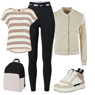 Sportovní Outfit s Černá/Tmavě modrá Sportovní Legína/Legíny s Podšívkou/Pletený Legín/Teplé Legíny/Formovaná Legína/Legíny s Vysokým Pasem/Kožená bunda/Termo Kalhoty Nike Sportswear "Sportovní zimní outfit"Look: Disko, Venkovní, Bezešvé, Sportovní