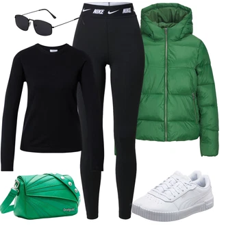 Outfity na zimu s Černá/Tmavě modrá Sportovní Legína/Legíny s Podšívkou/Pletený Legín/Teplé Legíny/Formovaná Legína/Legíny s Vysokým Pasem/Kožená bunda/Termo Kalhoty Nike Sportswear "Sportovní zimní outfit"