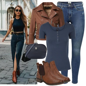 Outfity pro zábavu s Modrá/Tmavě modrá/Světle modrá Kožená bunda/Navlékací džíny/Kožené bundy/Džíny s Nízkým Sedem/Džín s Nízkým Pasem/Džíny s Dírou/Džíny s Rozparkem/Push up Džín/Kožené Boty/Kotníková Bota Only "Stylový vzhled"