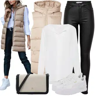 Outfit s Hnědá/Béžová/Khaki Dlouhá Vest/Puffer Vest/Peřová Vest VERO MODA "Stylový každodenní outfit"