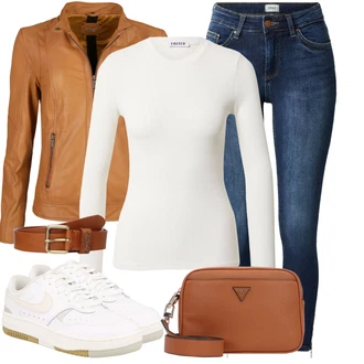 Outfit s Hnědá/Béžová/Žlutá Kožené Bund Kožená vintage bunda/Kožené Bund/Bunda z Umělé Kůže/Bunda s Bočním Zipem/Kožená Bomber Bund Maze "Vzhledy pro volný čas"